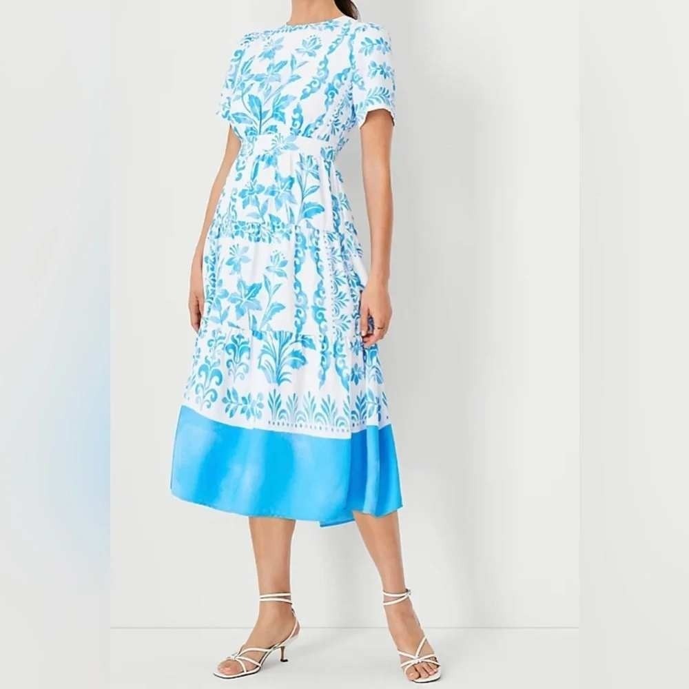 Ann Taylor Women's SZ‎ 14 Blue White Floral Midi Dress Puff Sleeve
